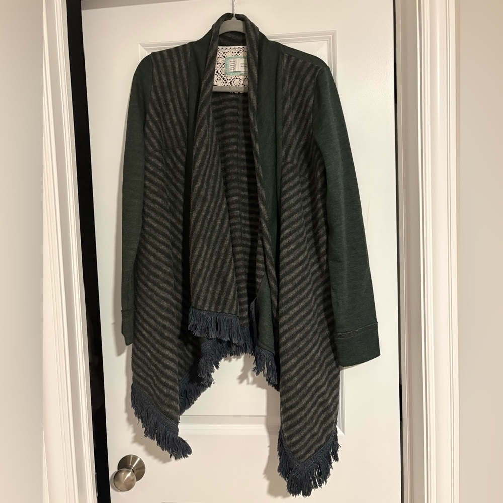 Anthropologie Green and Charcoal Striped Fringe Open Cardigan